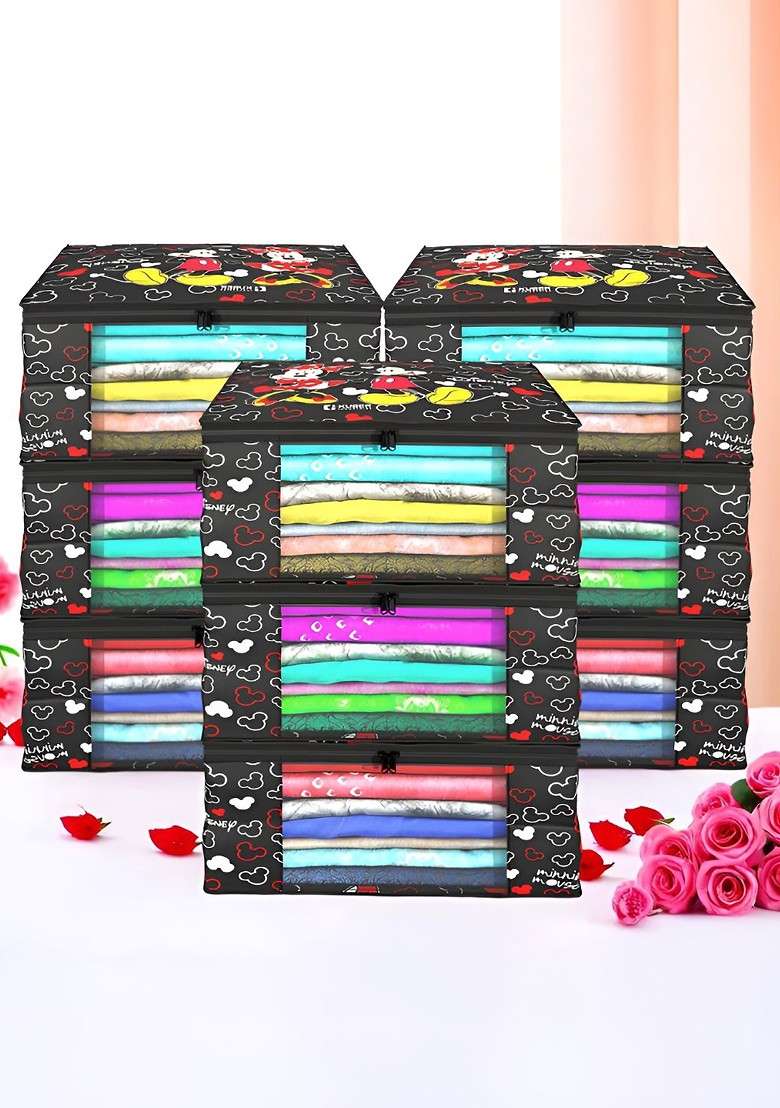 Black Set Of 9 Foldable Storage Non Woven Saree Cover Organisers - Indya