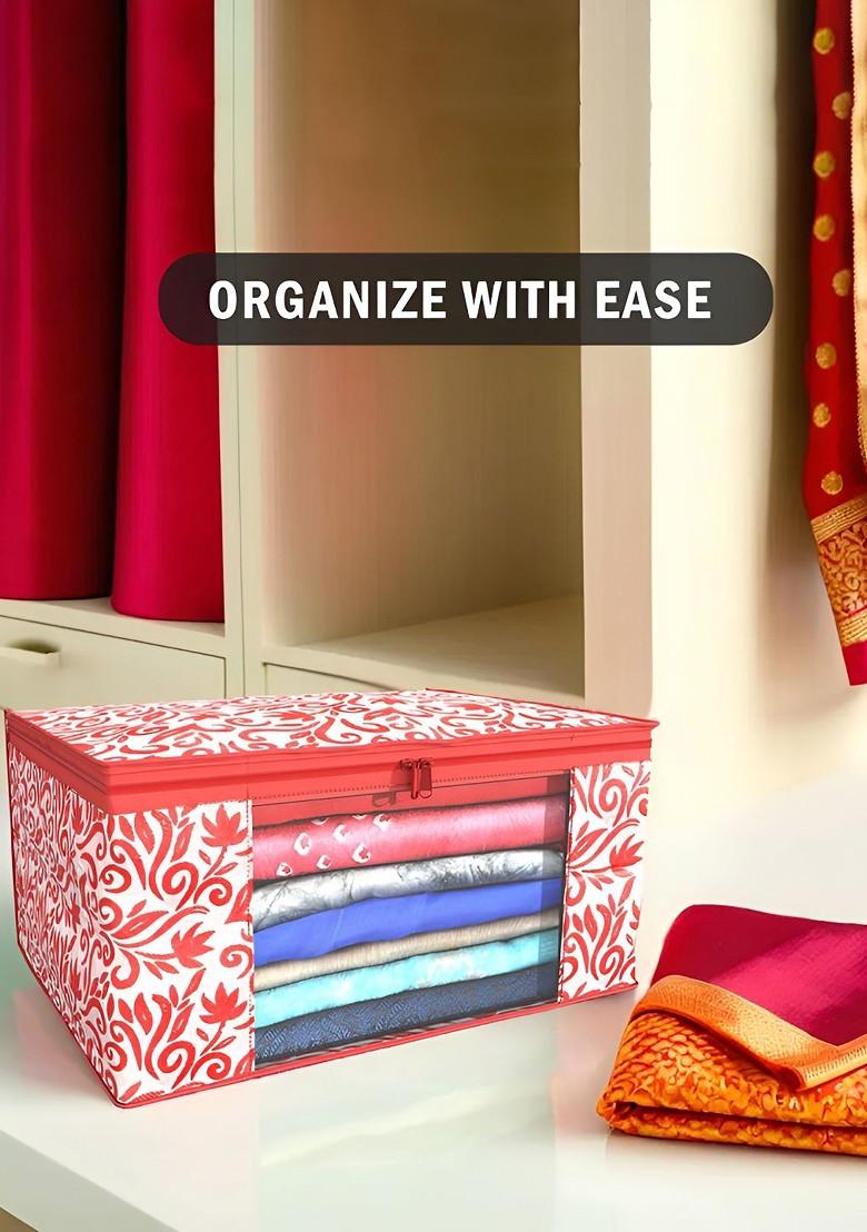 Red Set Of 9 Foldable Storage Non Woven Saree Cover Organisers