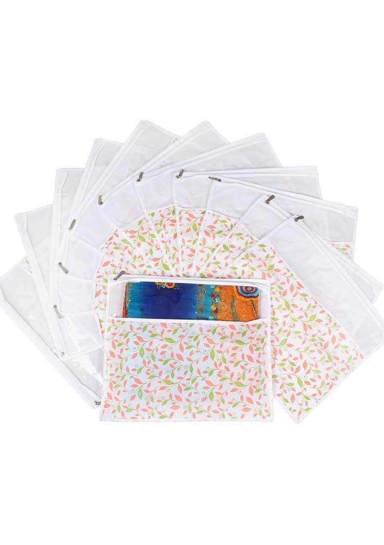 Green And Pink Set Of 12 Printed Saree Cover Organisers - Indya