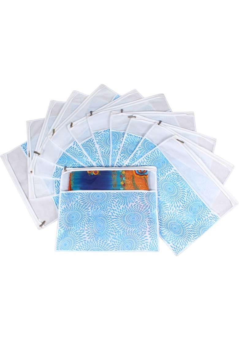 Blue And White Set Of 12 Printed Saree Cover Organisers - Indya