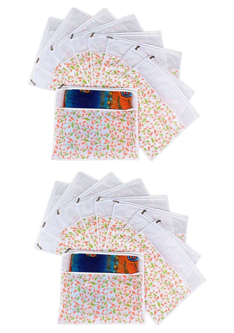 Green And Pink Set Of 18 Printed Saree Cover Organisers - Indya