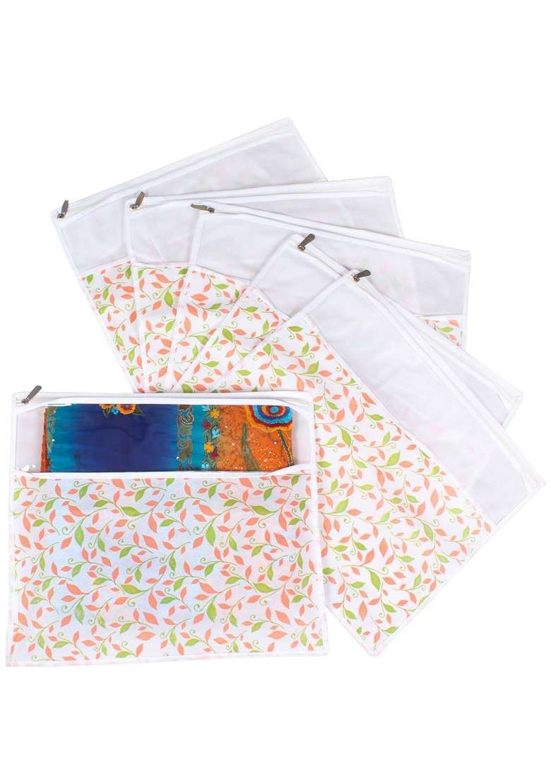 Green And Pink Set Of 6 Printed Saree Cover Organisers - Indya