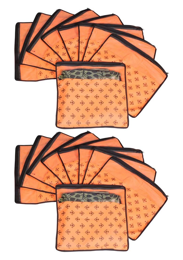 Set Of 18 Orange And Top Transparent Solid Single Packing Saree Cover Organizer