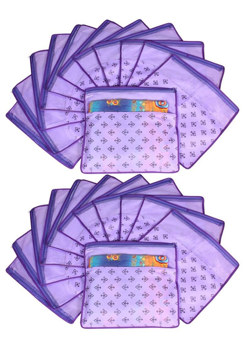 Set Of 24 Purple And Top Transparent Solid Single Packing Saree Cover Organizer