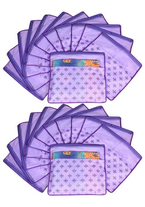 Set Of 24 Purple And Top Transparent Solid Single Packing Saree Cover Organizer