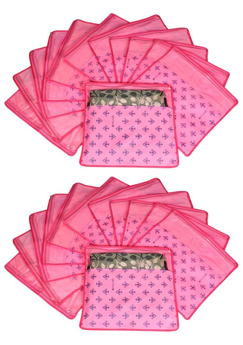 Set Of 24 Pink And Top Transparent Solid Single Packing Saree Cover Organizers