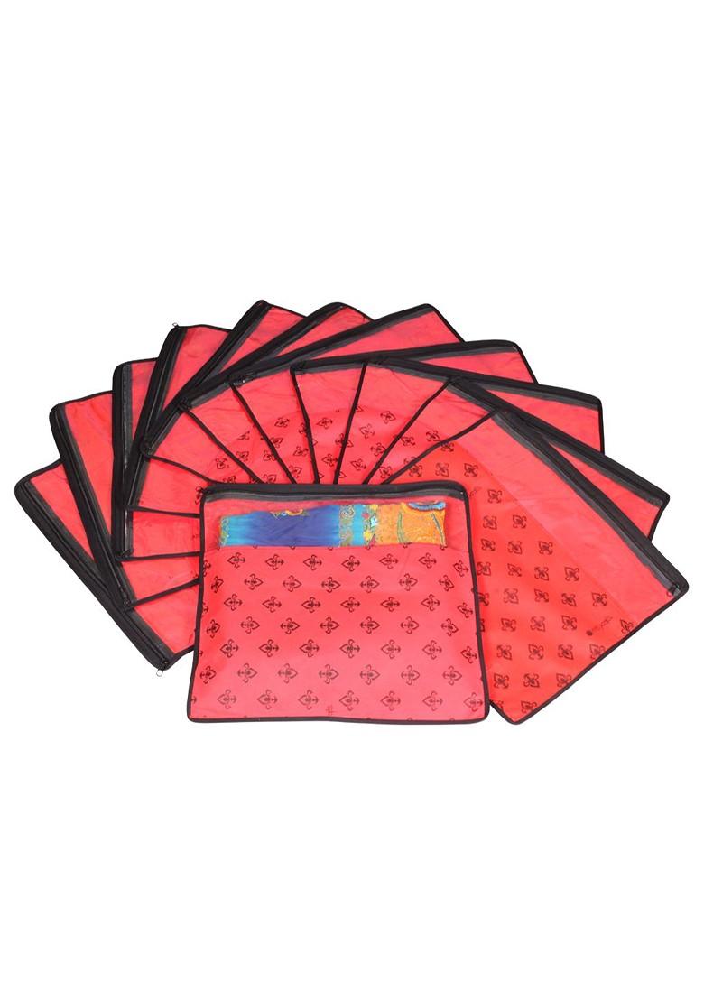 Set Of 12 Red And Top Transparent Solid Single Packing Saree Cover Organizers