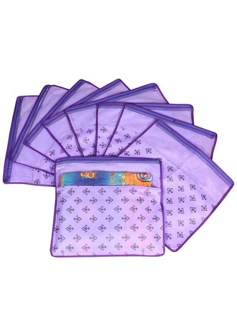 Set Of 9 Purple And Top Transparent Solid Single Packing Saree Cover Organizer