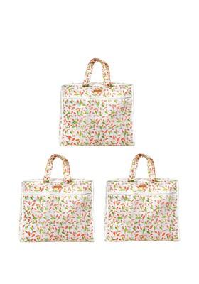 Women Set Of 3 White And Green Printed One Day Travelling Saree Cover Organiser