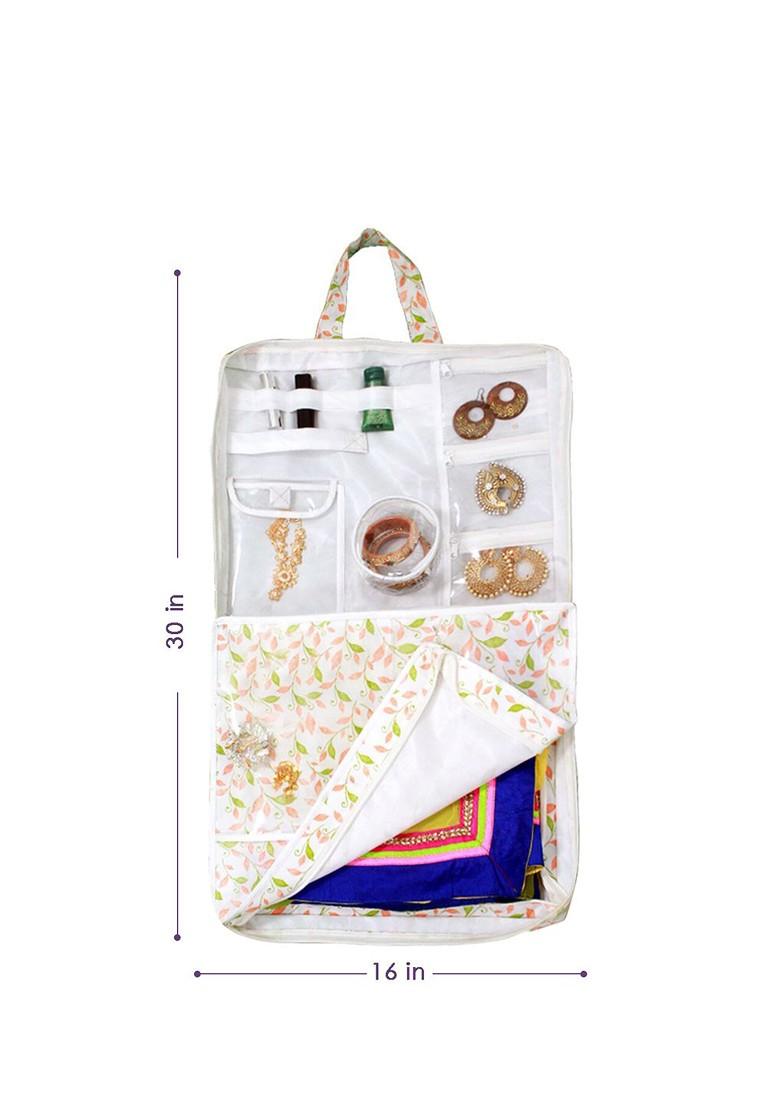 Women Set Of 3 White And Green Printed One Day Travelling Saree Cover Organiser
