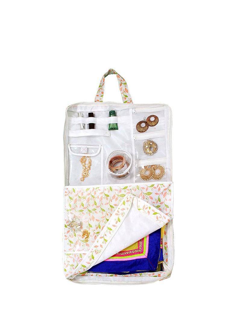Women Set Of 3 White And Green Printed One Day Travelling Saree Cover Organiser