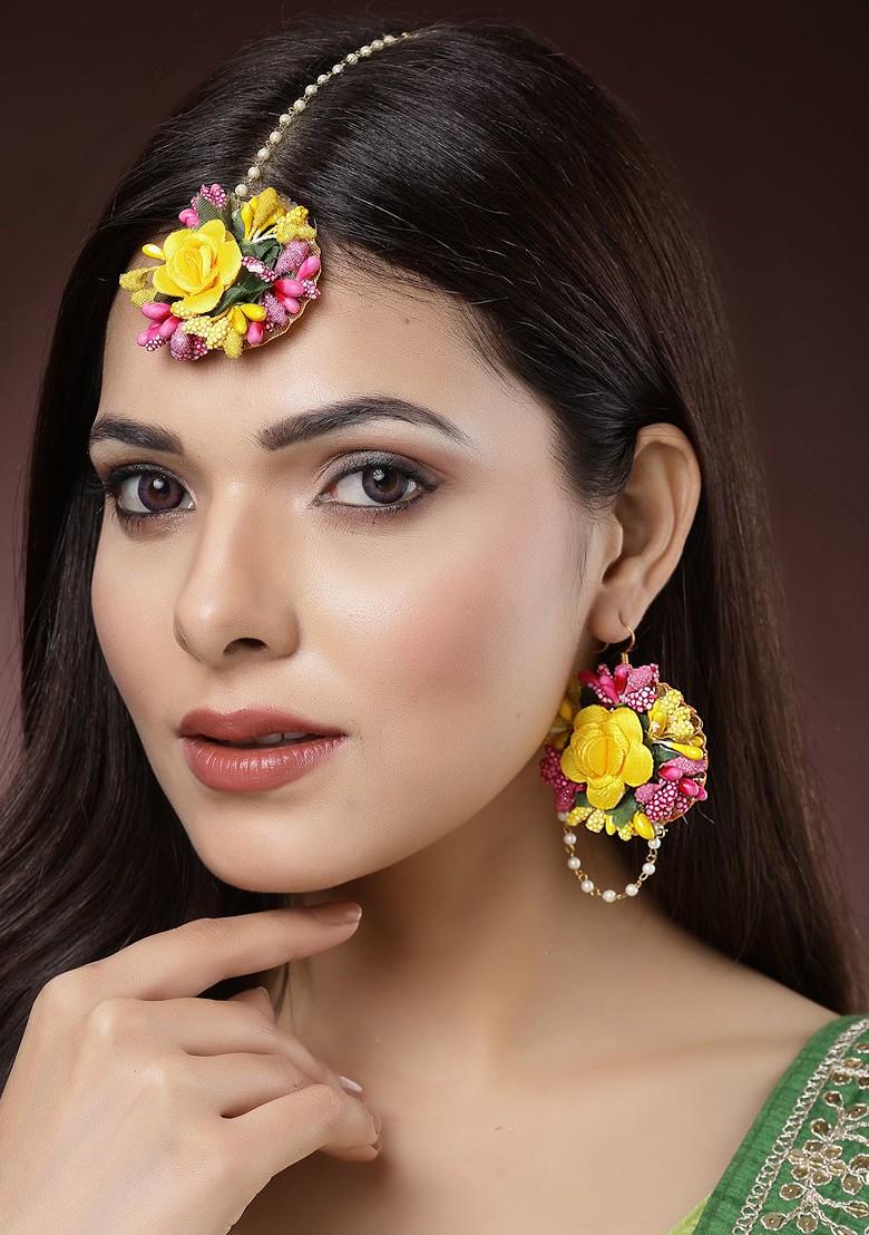 Gold Plated Floral Pearl Beaded Haldi And Mehendi Maang Tika With Earrings