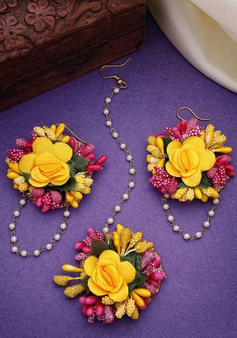 Gold Plated Floral Pearl Beaded Haldi And Mehendi Maang Tika With Earrings
