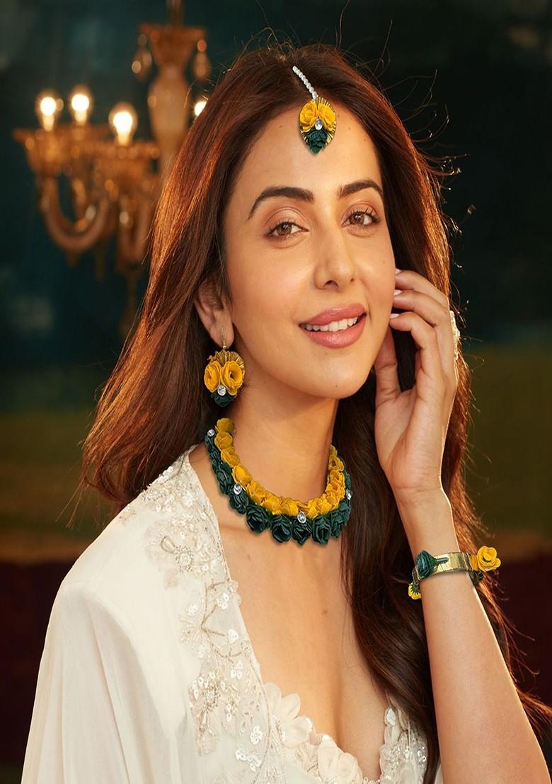 Crystal Stones Studded Gota Patti Haldi Mehendi Floral Jewellery Set