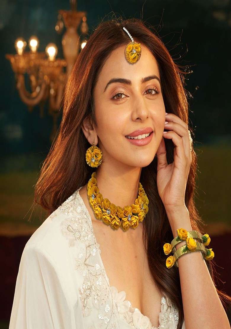 Crystal Stones Studded Gota Patti Haldi Mehendi Floral Jewellery Set - Indya