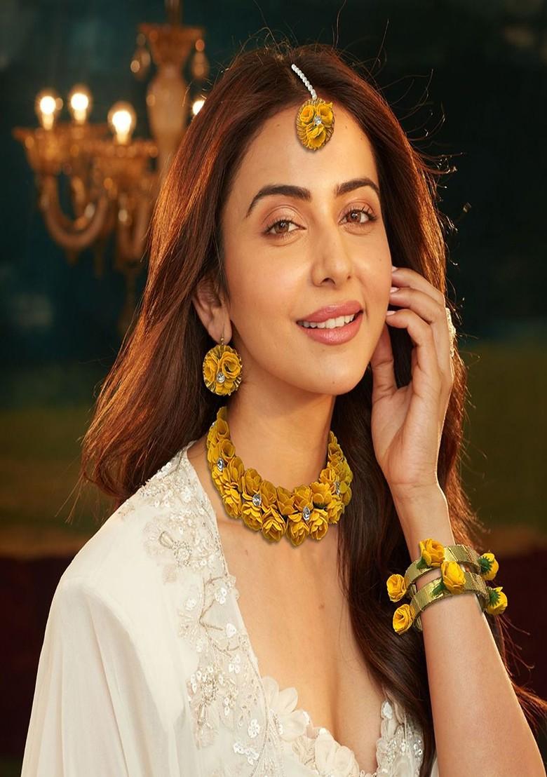 Crystal Stones Studded Gota Patti Haldi Mehendi Floral Jewellery Set