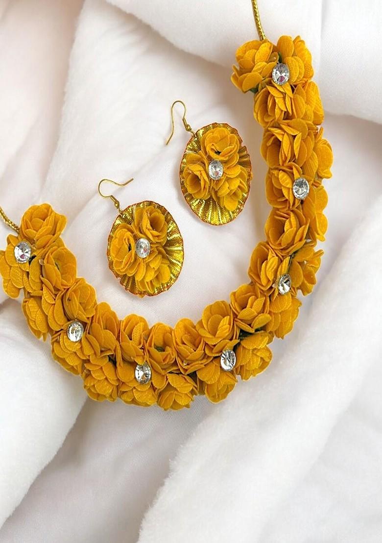 Crystal Stones Studded Gota Patti Haldi Mehendi Floral Jewellery Set