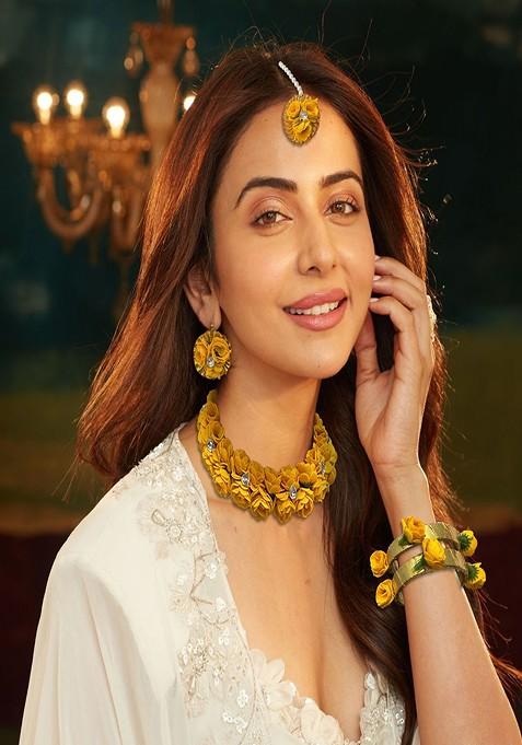 Crystal Stones Studded Gota Patti Haldi Mehendi Floral Jewellery Set