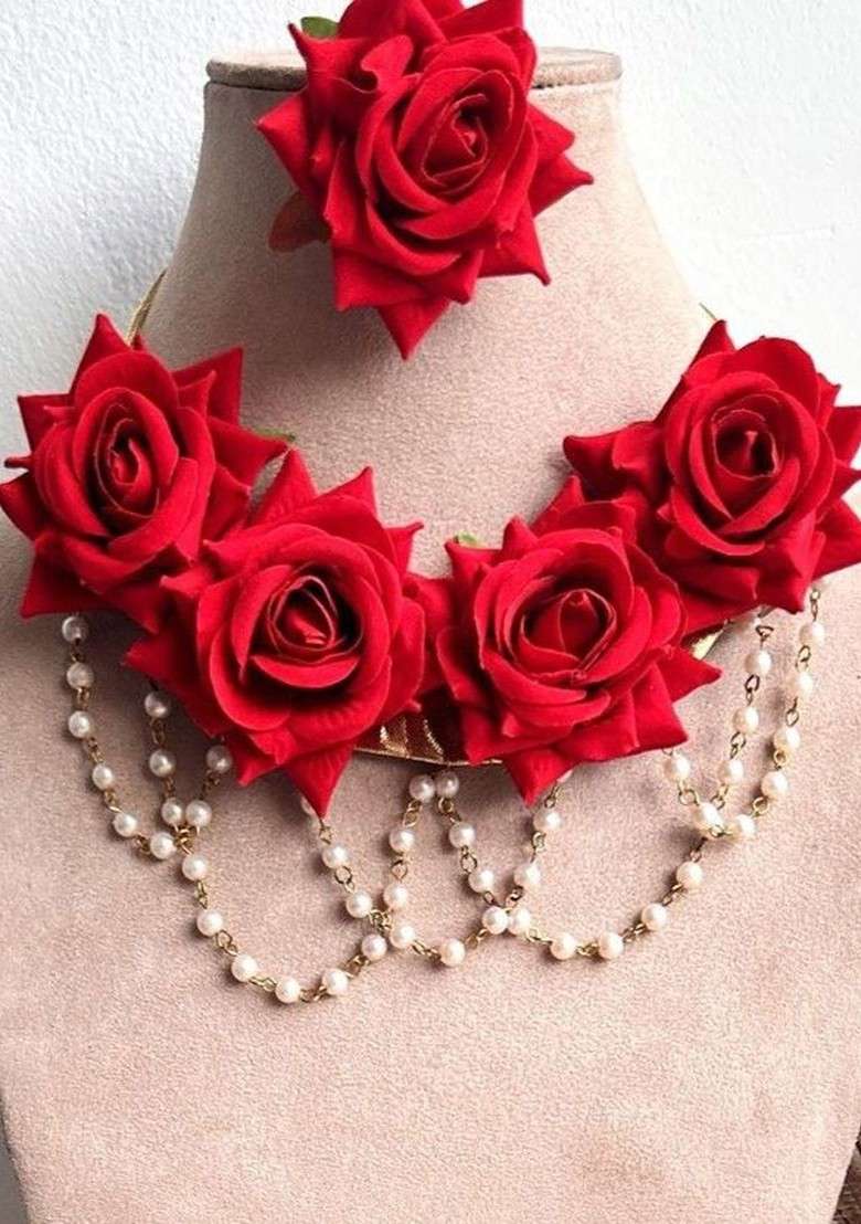 Beaded And Flower Bridal Haldi Mehndi Baby Shower Jewellery Set - Indya