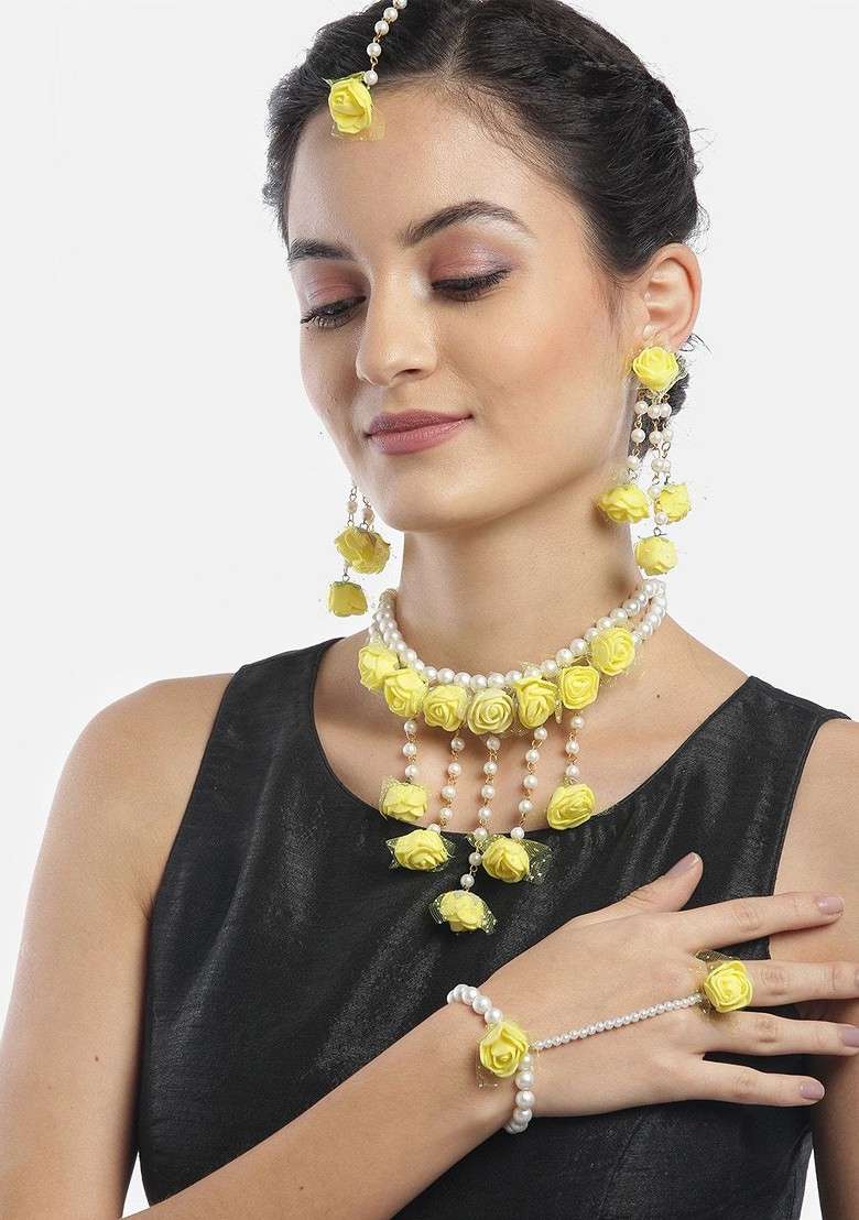 Beaded Traditional Floral Haldi Jewellery Set - Indya