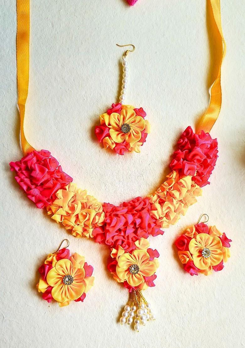 Pink Gold Plated Floral Beaded Haldi And Mehendi Jewellery Set