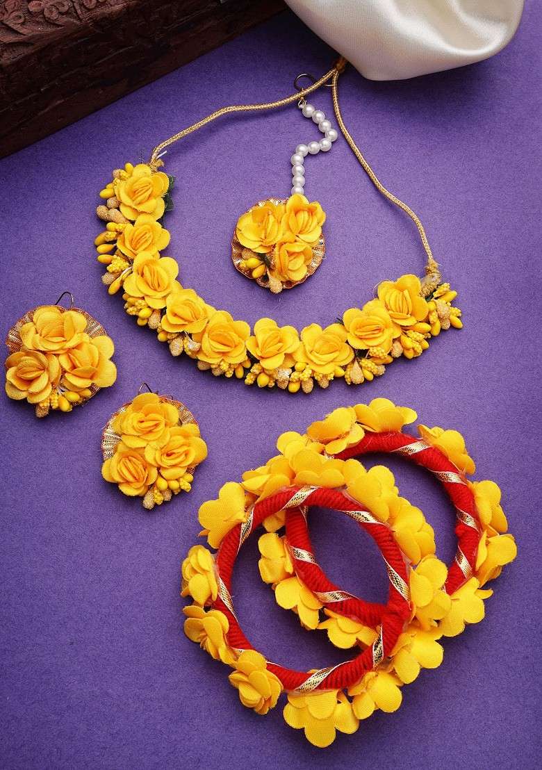 Gold Plated Floral Haldi Jewellery Set - Indya