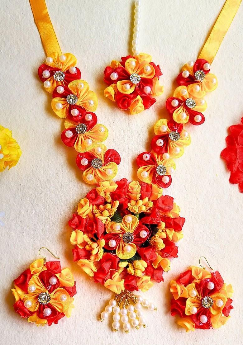 Red Gold Plated Floral Beaded Haldi And Mehendi Jewellery Set