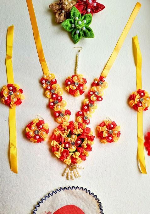 Red Gold Plated Floral Beaded Haldi And Mehendi Jewellery Set