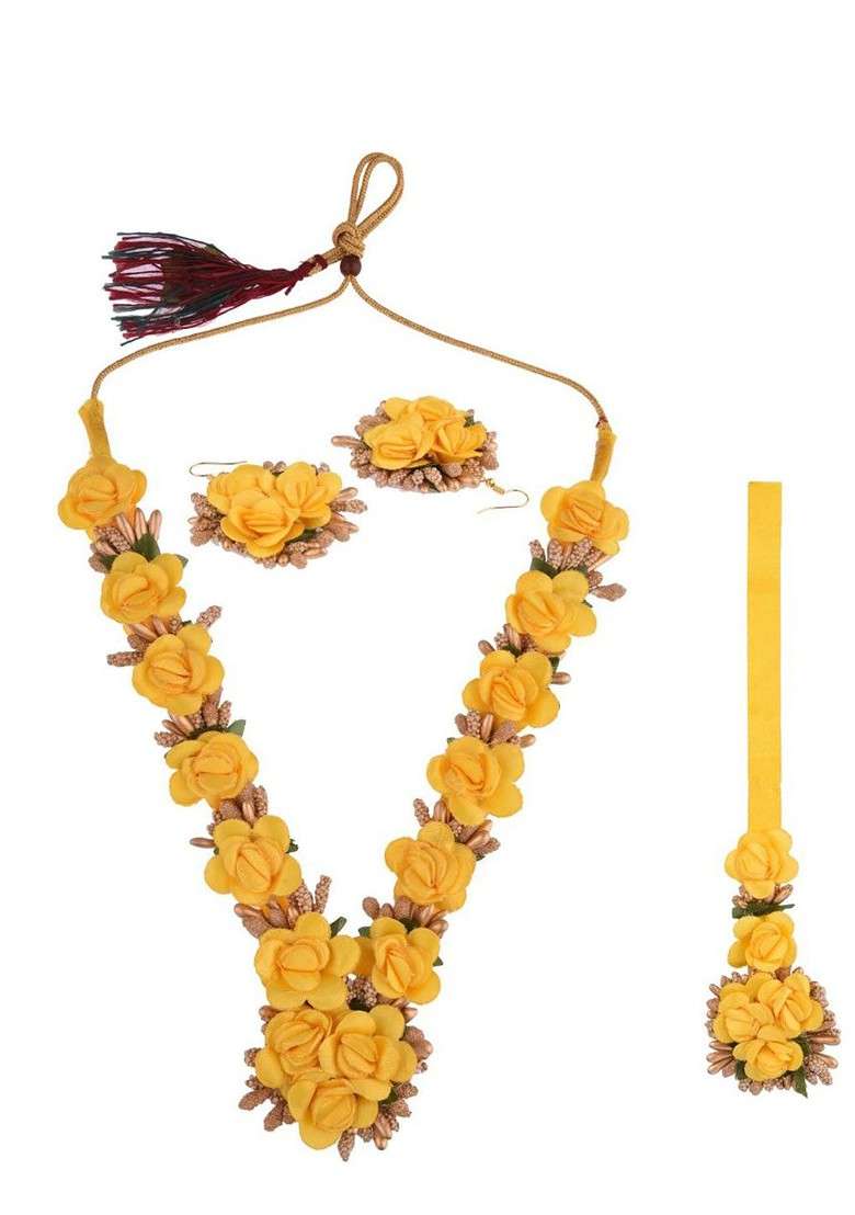 Yellow And Gold Toned Stone Studded And Beaded Floral Haldi Jewellery Set - Indya