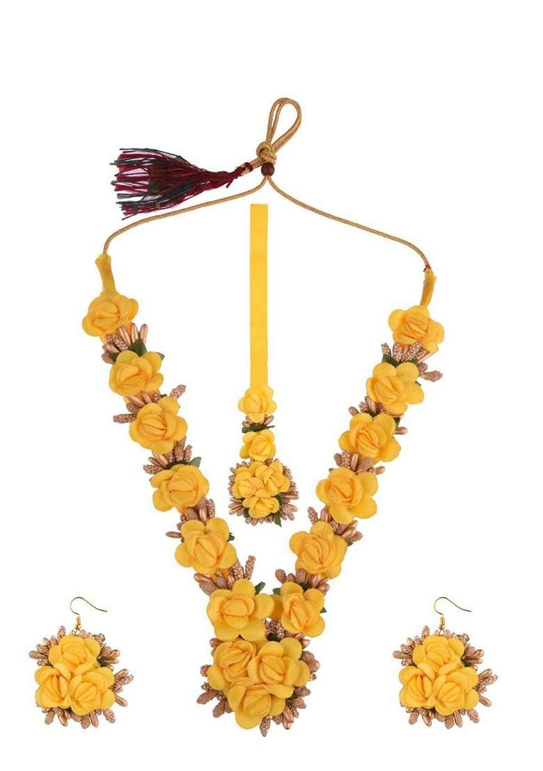 Yellow And Gold Toned Stone Studded And Beaded Floral Haldi Jewellery Set - Indya