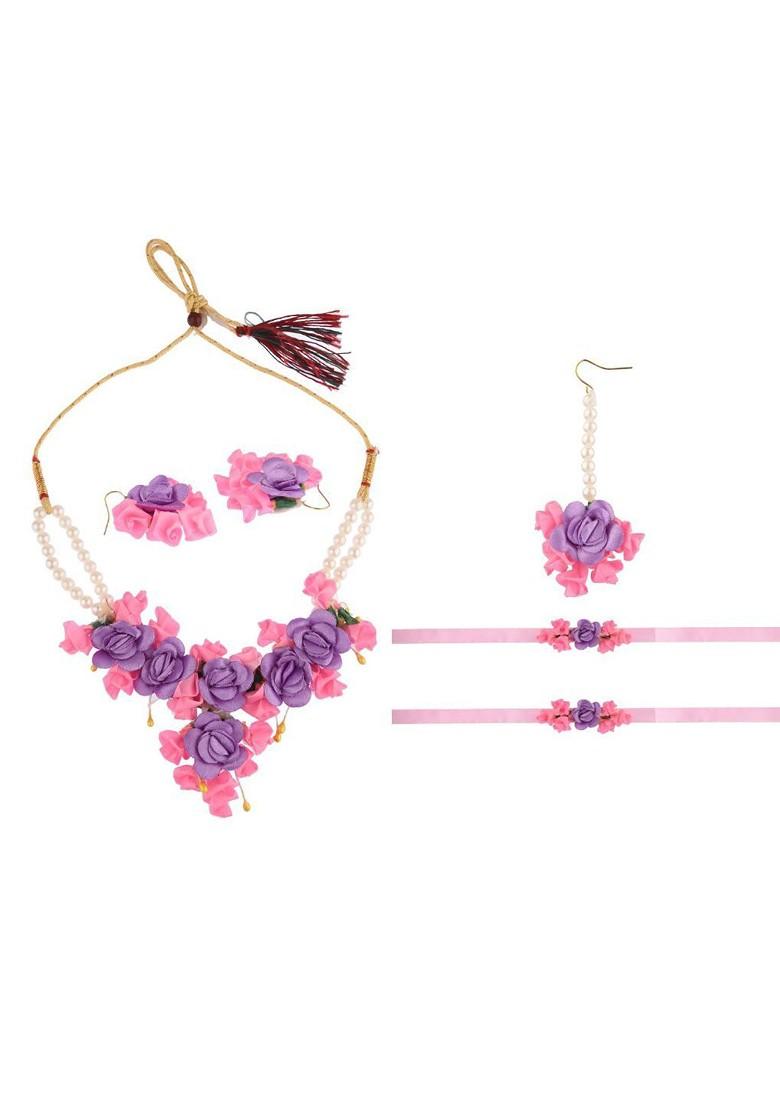 Women Pink And Purple Floral Pearls Studded And Beaded Haldi Jewellery Set