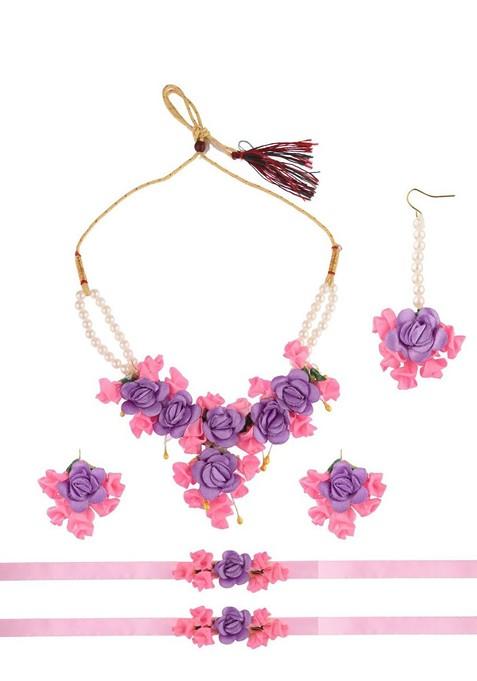 Women Pink And Purple Floral Pearls Studded And Beaded Haldi Jewellery Set