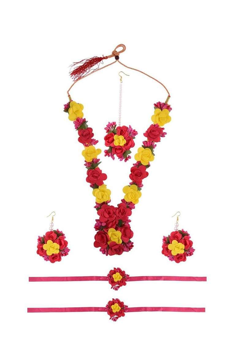 Women Red And Yellow Beaded Floral Haldi Jewellery Set - Indya