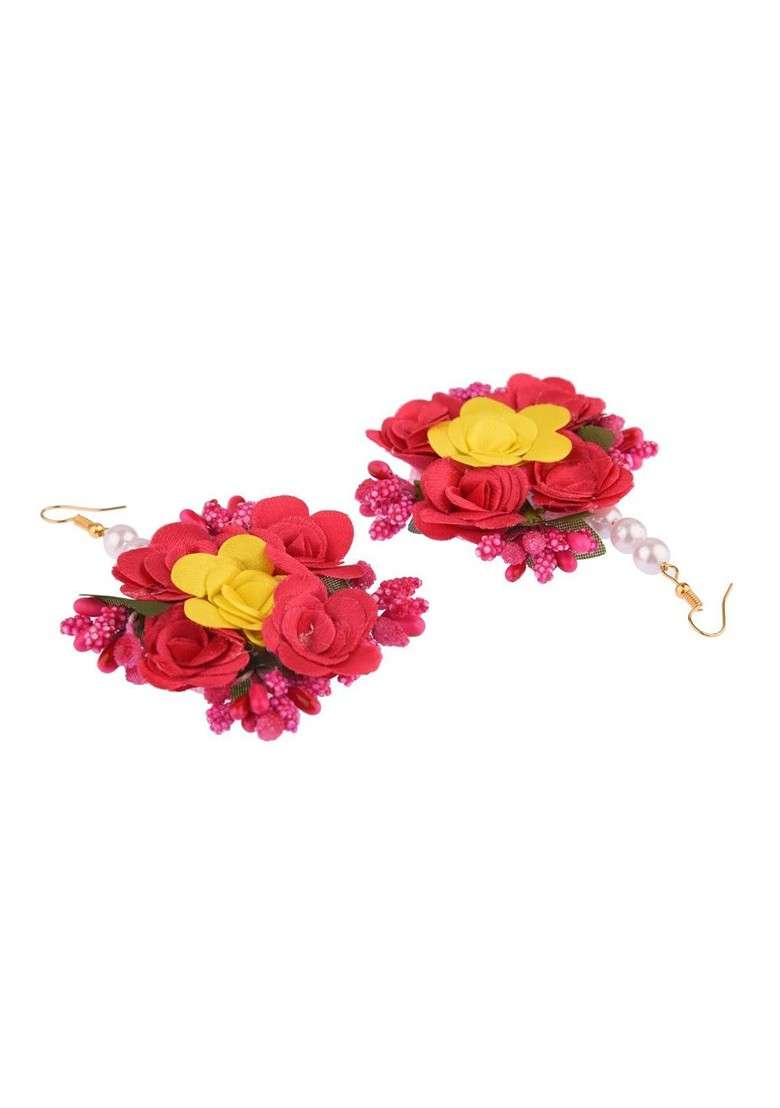 Women Red And Yellow Beaded Floral Haldi Jewellery Set - Indya
