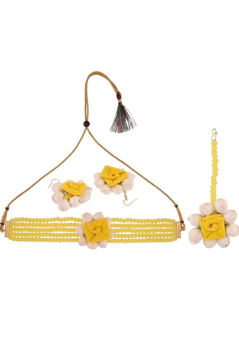 Women Yellow Beaded Bridal Floral Haldi Jewellery Set