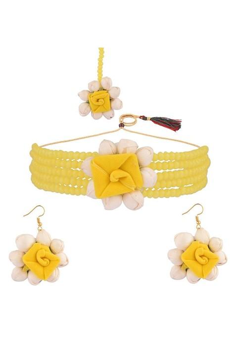 Women Yellow Beaded Bridal Floral Haldi Jewellery Set