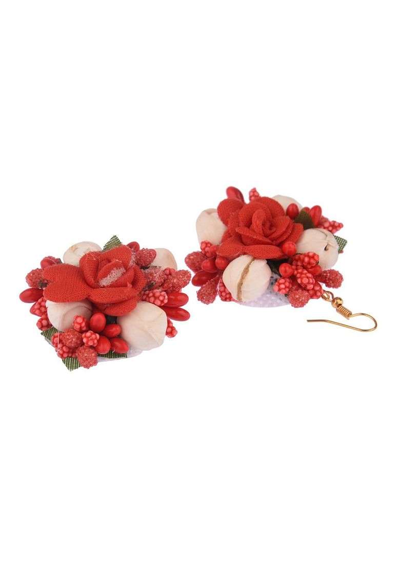 Women Red Beaded Bridal Floral Haldi Jewellery Set - Indya