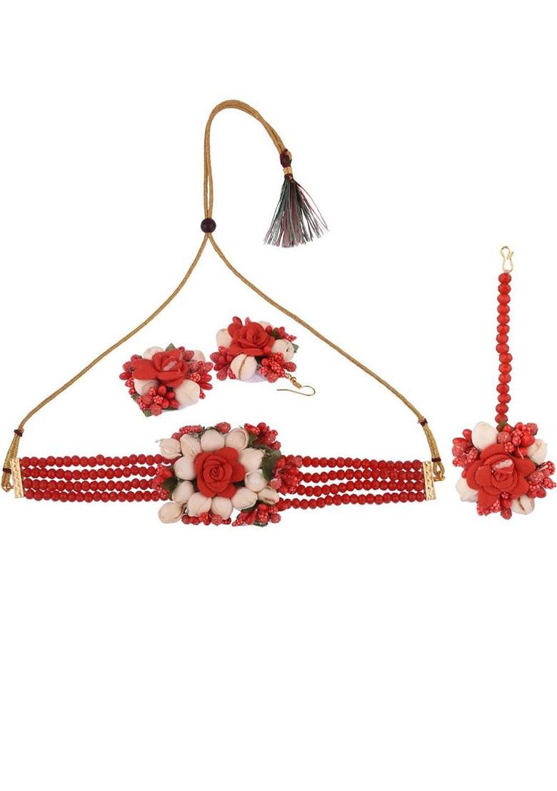 Women Red Beaded Bridal Floral Haldi Jewellery Set