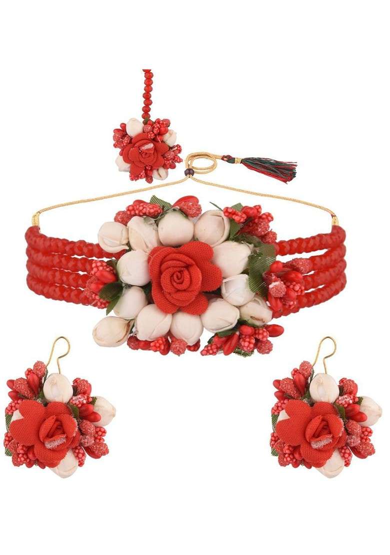 Women Red Beaded Bridal Floral Haldi Jewellery Set - Indya