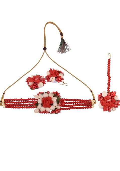 Women Red Beaded Bridal Floral Haldi Jewellery Set