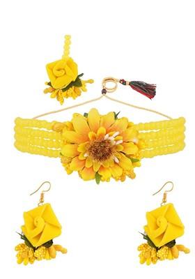 Gold Plated Yellow Beaded Haldi Floral Antique Jewellery Set