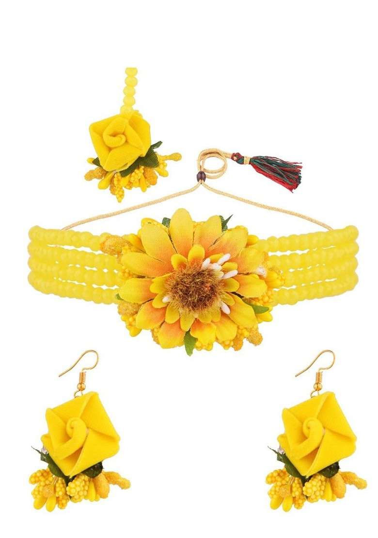 Gold Plated Yellow Beaded Haldi Floral Antique Jewellery Set - Indya