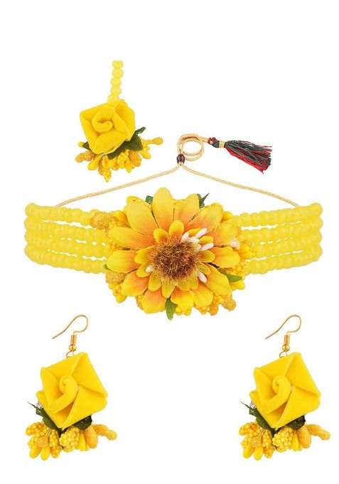 Gold Plated Yellow Beaded Haldi Floral Antique Jewellery Set