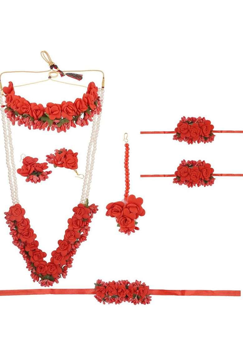 Red Beaded Floral Haldi Jewellery Set - Indya