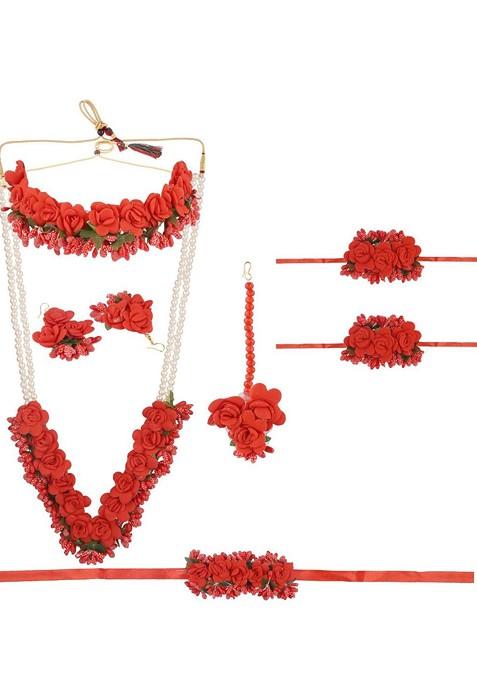 Red Beaded Floral Haldi Jewellery Set