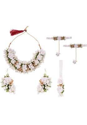 Women White And Green Beaded Studded Floral Designer Haldi Jewellery Set