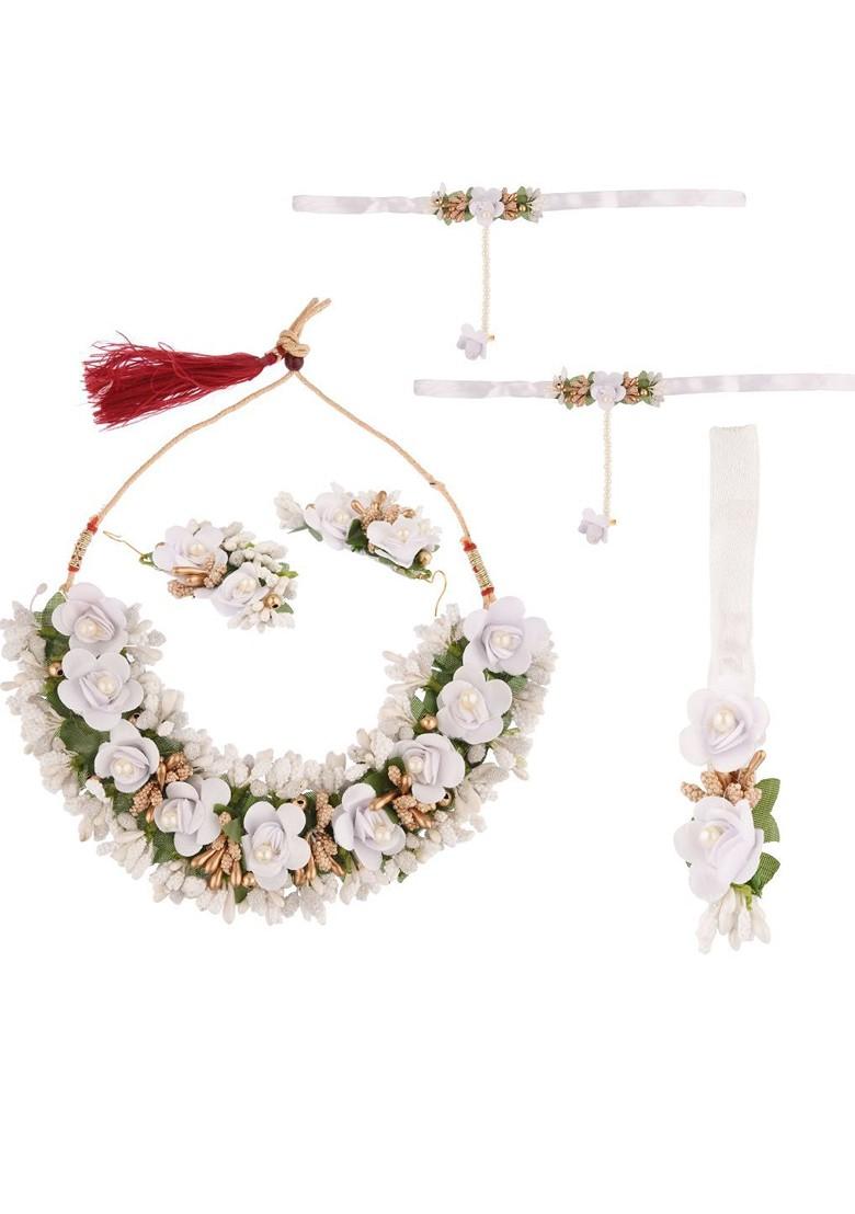 Women White And Green Beaded Studded Floral Designer Haldi Jewellery Set
