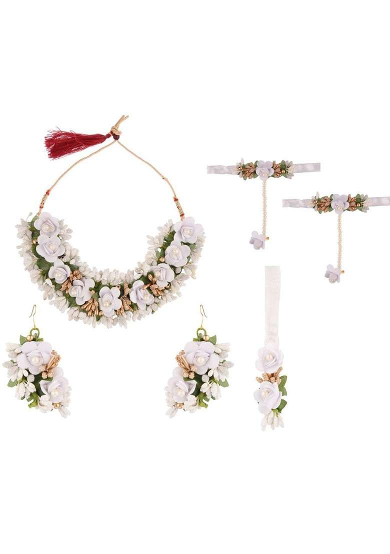 Women White And Green Beaded Studded Floral Designer Haldi Jewellery Set - Indya