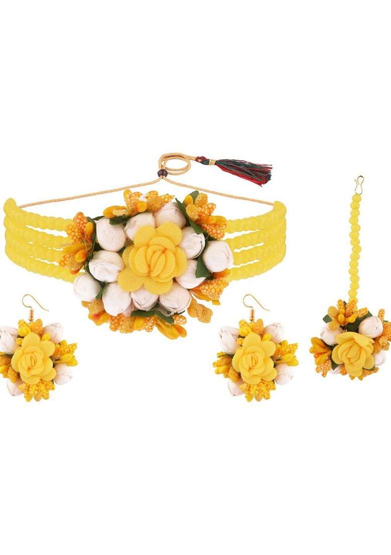 Gold Plated Yellow Beaded And White Flower Haldi Jewellery Set - Indya