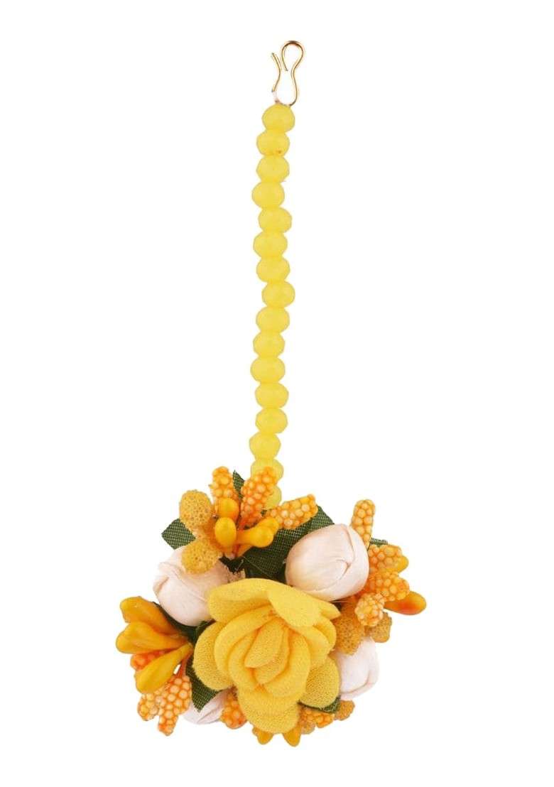 Gold Plated Yellow Beaded And White Flower Haldi Jewellery Set - Indya